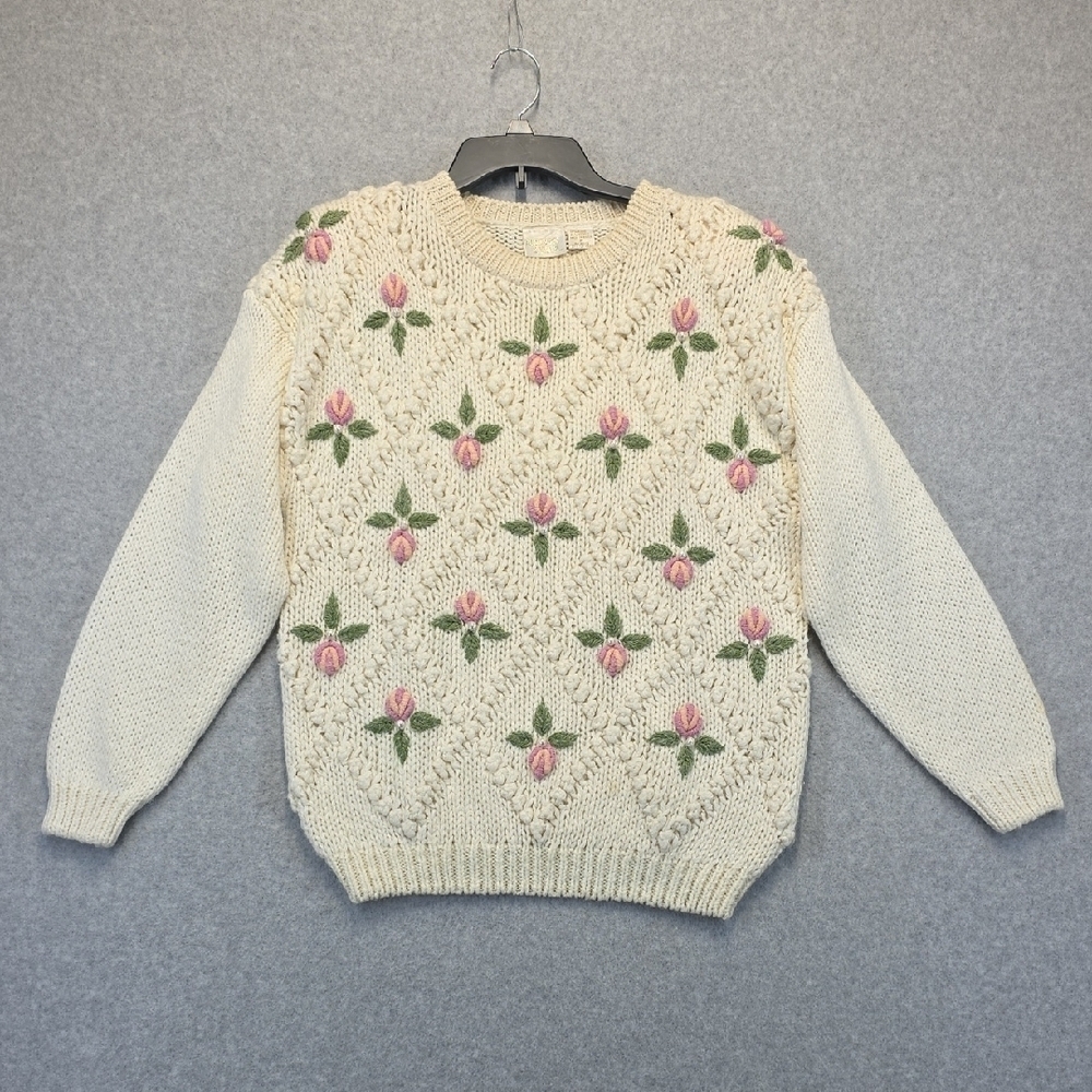Needles & Yarn Floral Knit Sweater Medium Cream Vintage Style